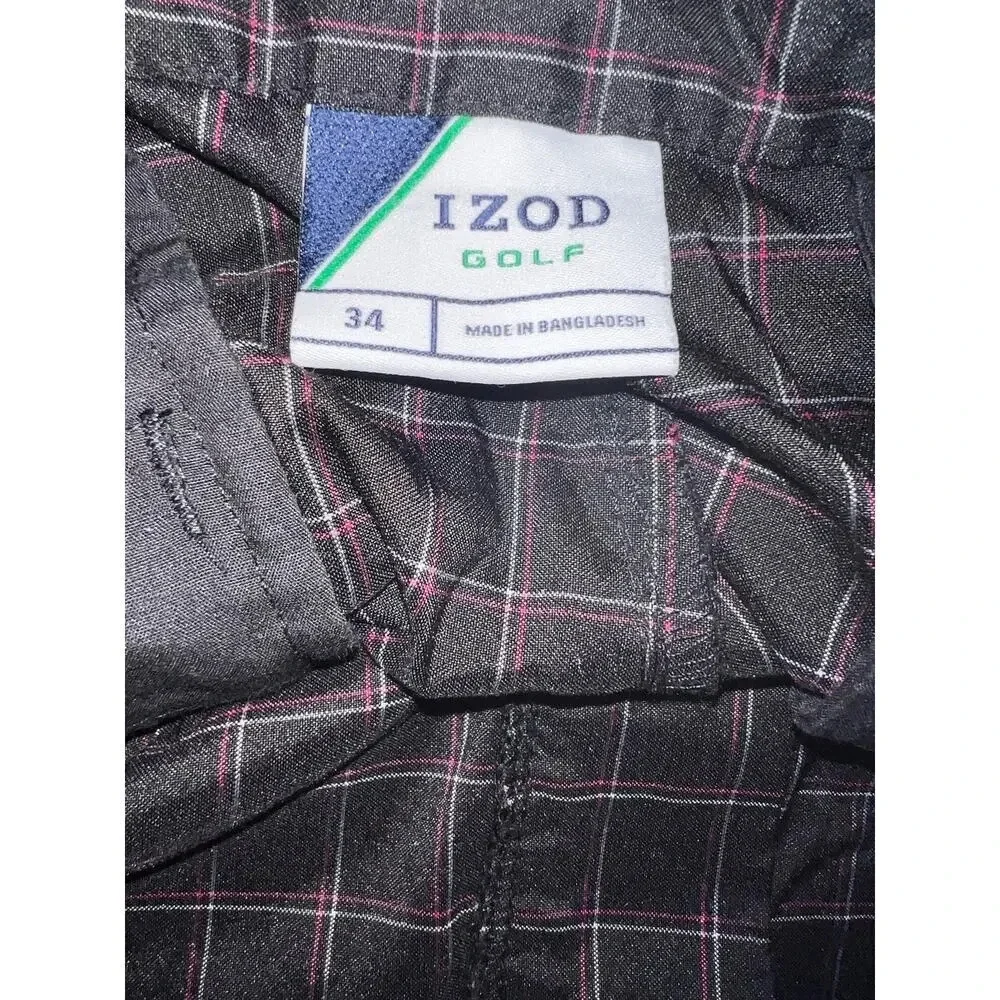 Izod Golf, 34,black‎ gray red plaid stripe Bermuda logo shorts